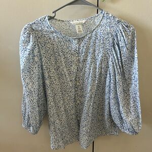 H&M Light Blue and White Floral Puff Sleeve Blouse